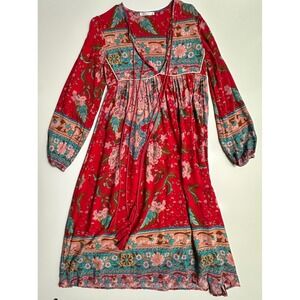 R.Vivimos Floral V-Neck Tie Front Boho Midi Dress Red Turquoise Pink Size XS 0/2